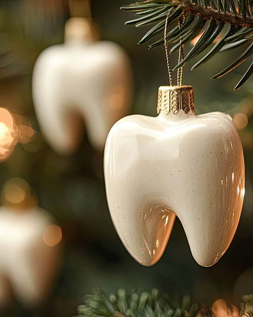 Tooth ornament on Christmas tree used in festive dental-themed décor at Corona Family Dental, serving Sarasota and Bradenton FL